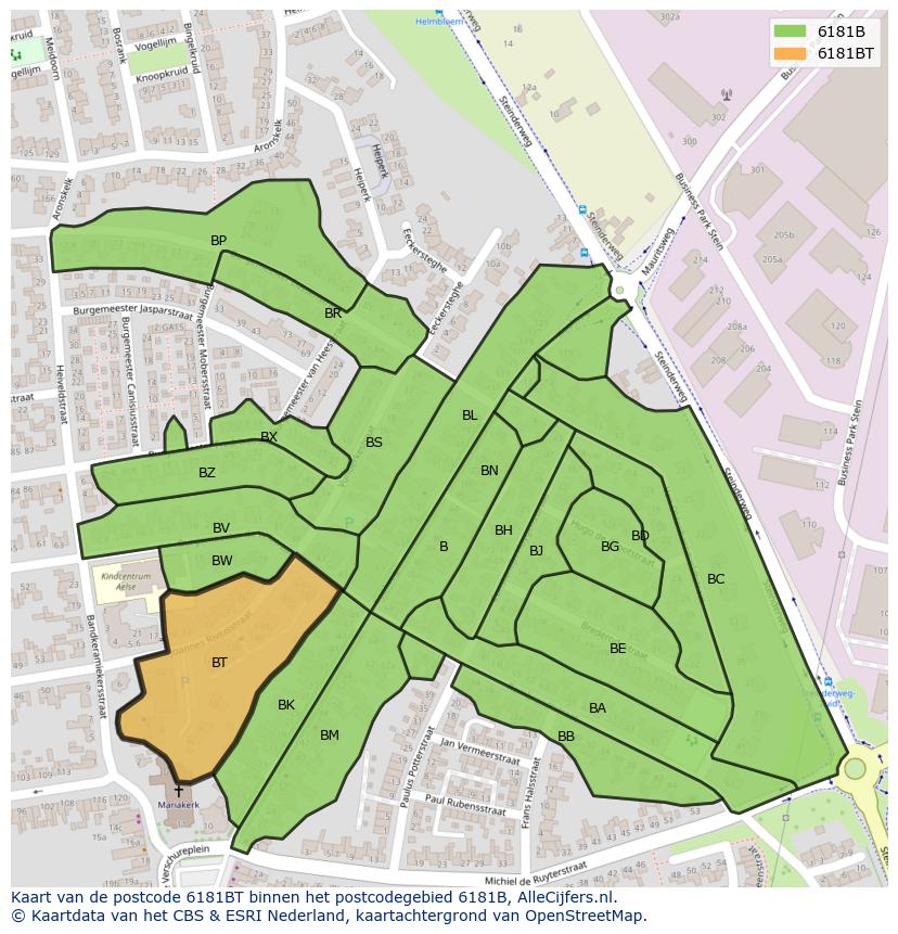 Afbeelding van het postcodegebied 6181 BT op de kaart.