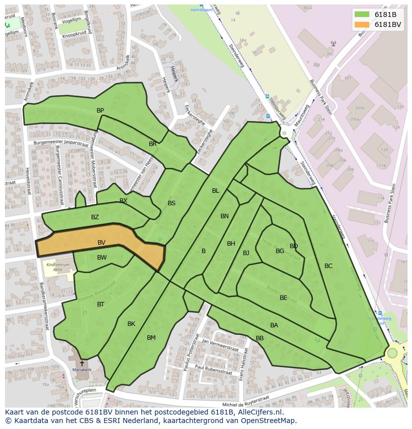 Afbeelding van het postcodegebied 6181 BV op de kaart.