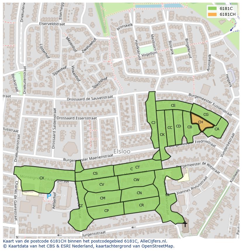 Afbeelding van het postcodegebied 6181 CH op de kaart.