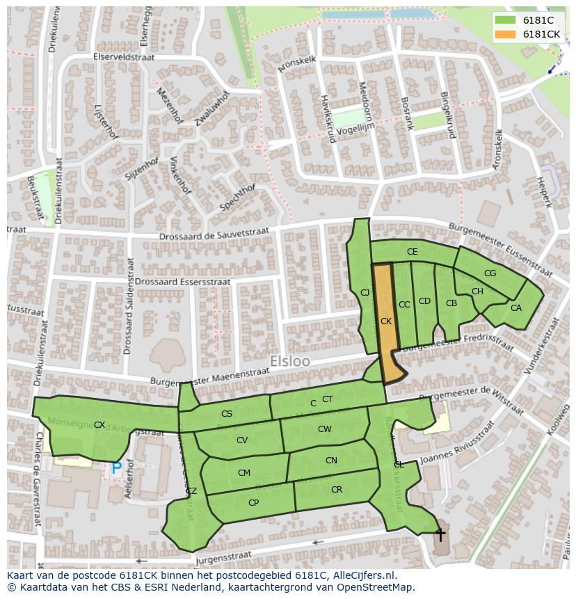 Afbeelding van het postcodegebied 6181 CK op de kaart.