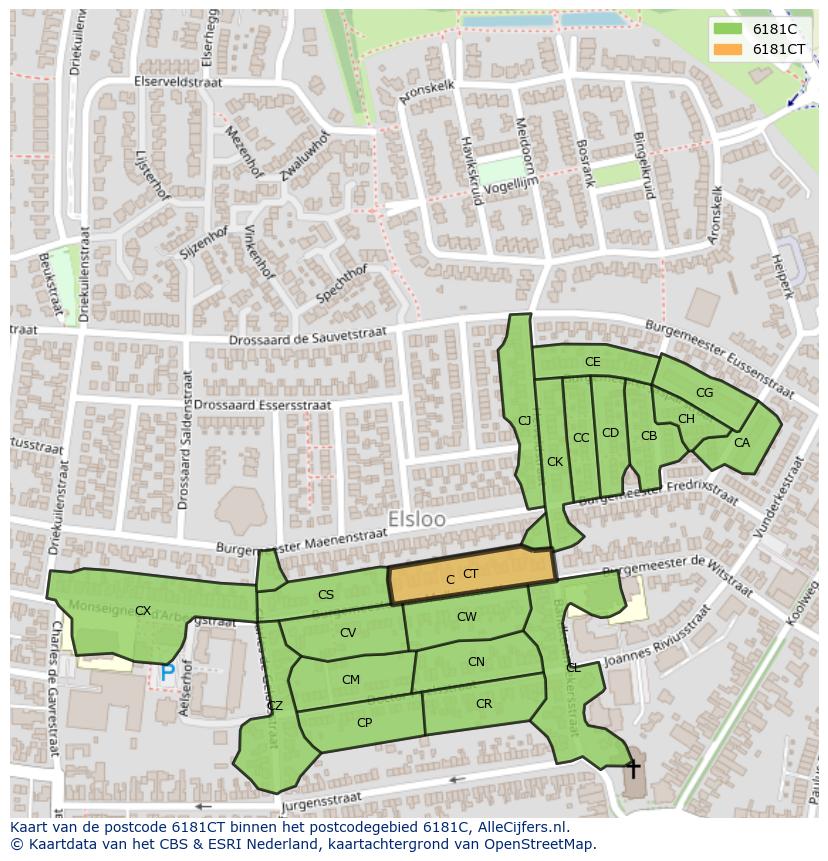 Afbeelding van het postcodegebied 6181 CT op de kaart.