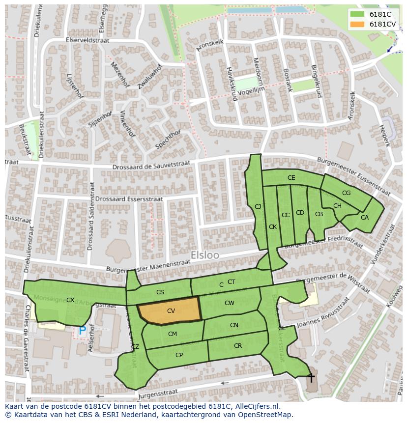 Afbeelding van het postcodegebied 6181 CV op de kaart.