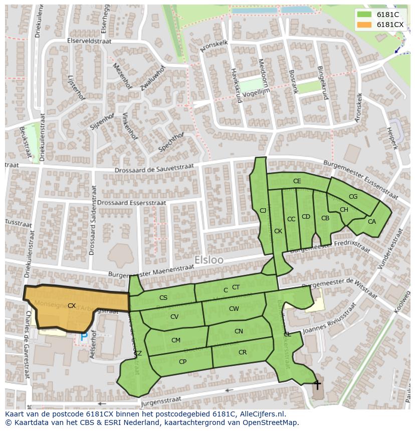 Afbeelding van het postcodegebied 6181 CX op de kaart.