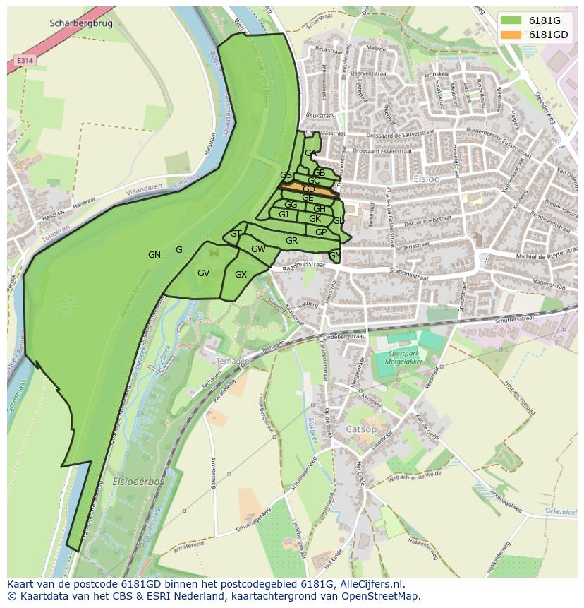Afbeelding van het postcodegebied 6181 GD op de kaart.