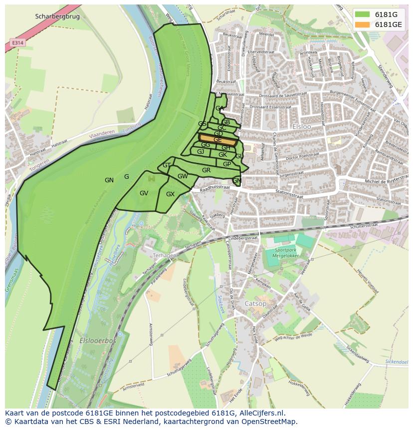 Afbeelding van het postcodegebied 6181 GE op de kaart.