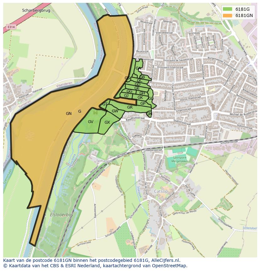 Afbeelding van het postcodegebied 6181 GN op de kaart.