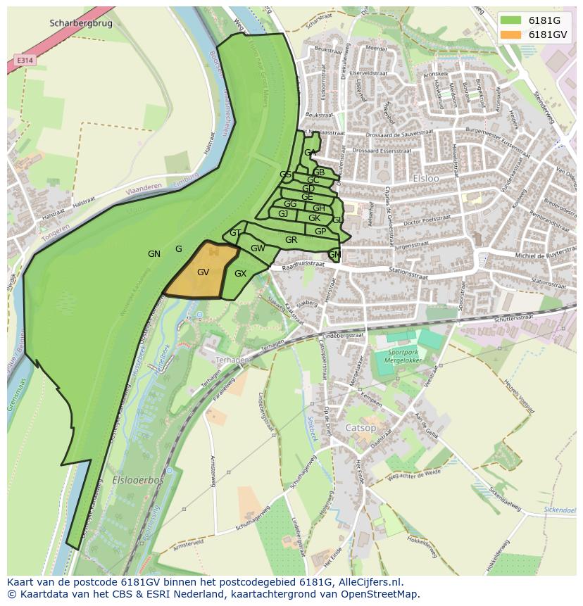 Afbeelding van het postcodegebied 6181 GV op de kaart.