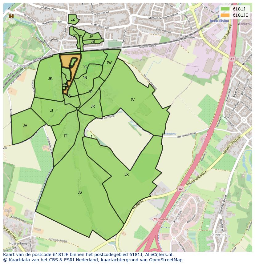 Afbeelding van het postcodegebied 6181 JE op de kaart.