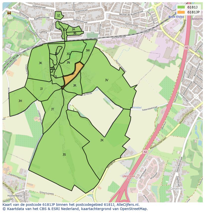Afbeelding van het postcodegebied 6181 JP op de kaart.