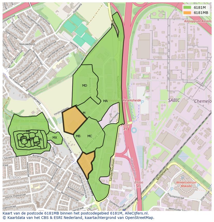 Afbeelding van het postcodegebied 6181 MB op de kaart.