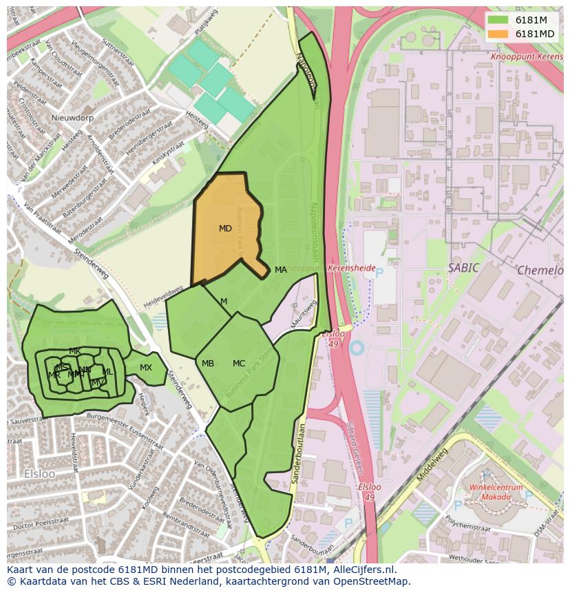 Afbeelding van het postcodegebied 6181 MD op de kaart.