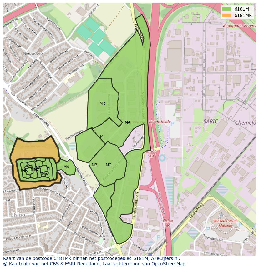 Afbeelding van het postcodegebied 6181 MK op de kaart.
