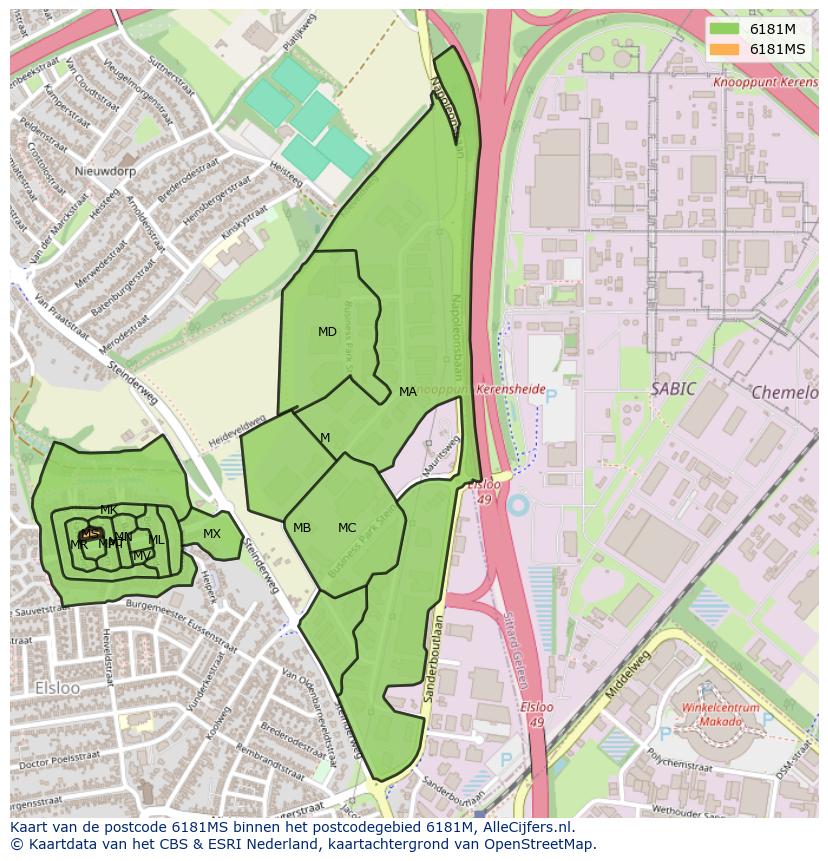Afbeelding van het postcodegebied 6181 MS op de kaart.