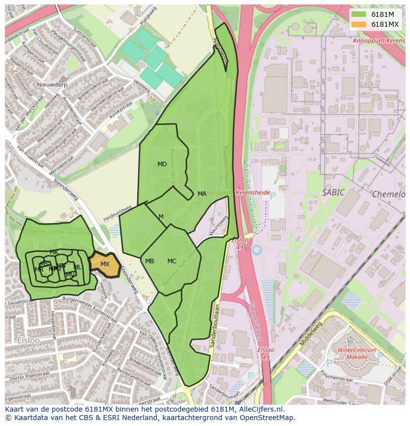 Afbeelding van het postcodegebied 6181 MX op de kaart.