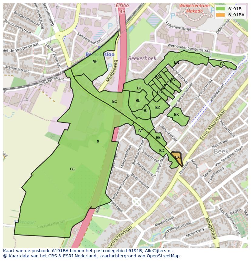 Afbeelding van het postcodegebied 6191 BA op de kaart.