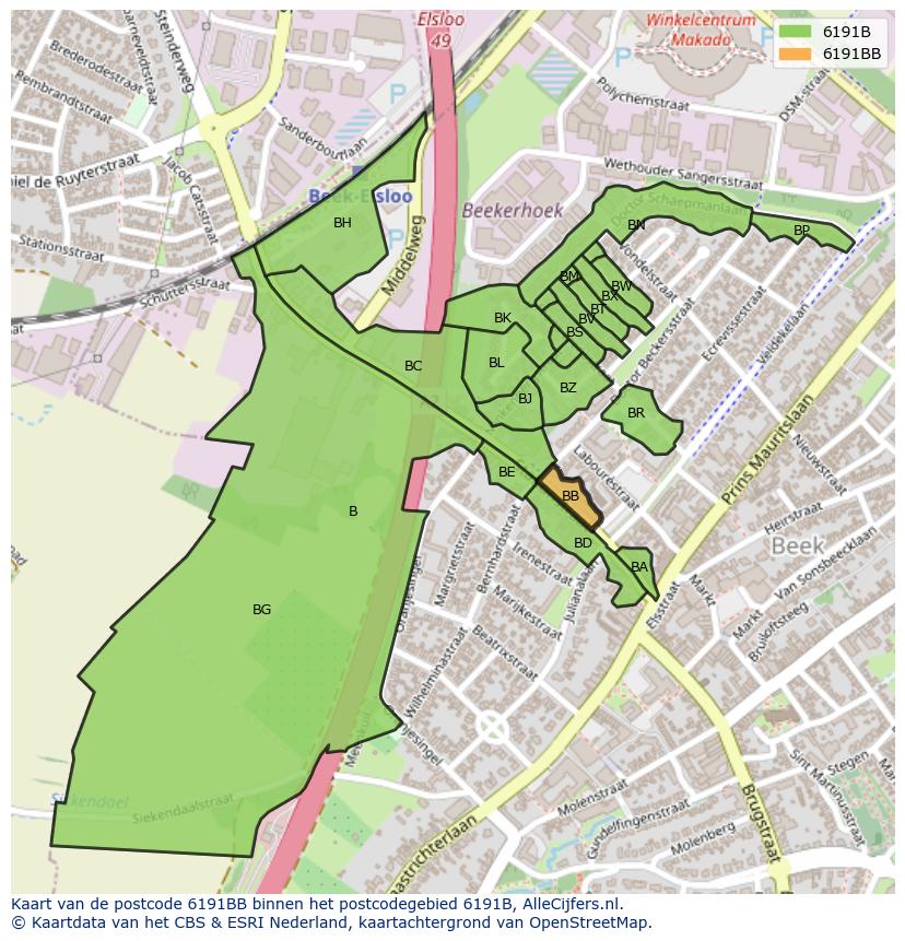 Afbeelding van het postcodegebied 6191 BB op de kaart.