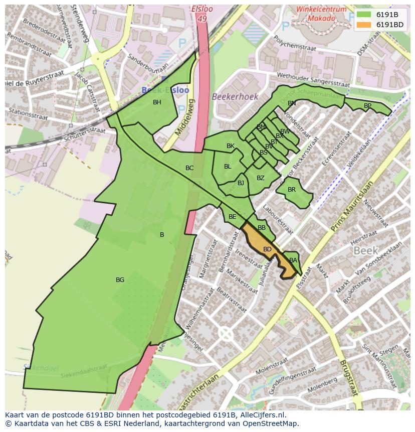 Afbeelding van het postcodegebied 6191 BD op de kaart.