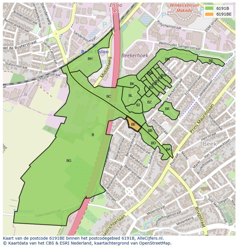 Afbeelding van het postcodegebied 6191 BE op de kaart.
