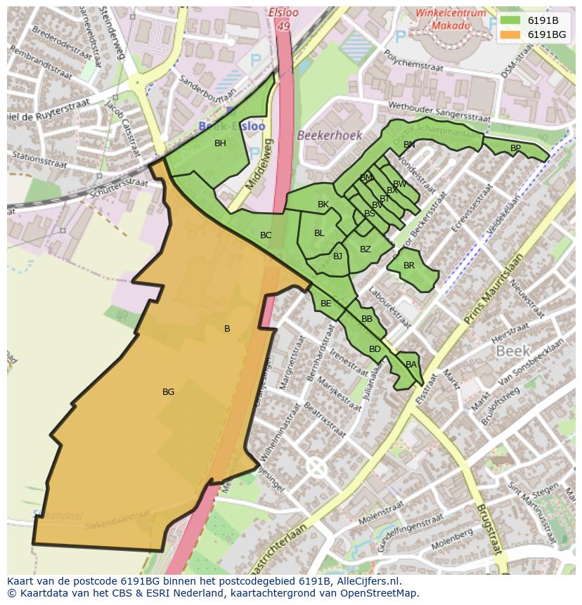 Afbeelding van het postcodegebied 6191 BG op de kaart.