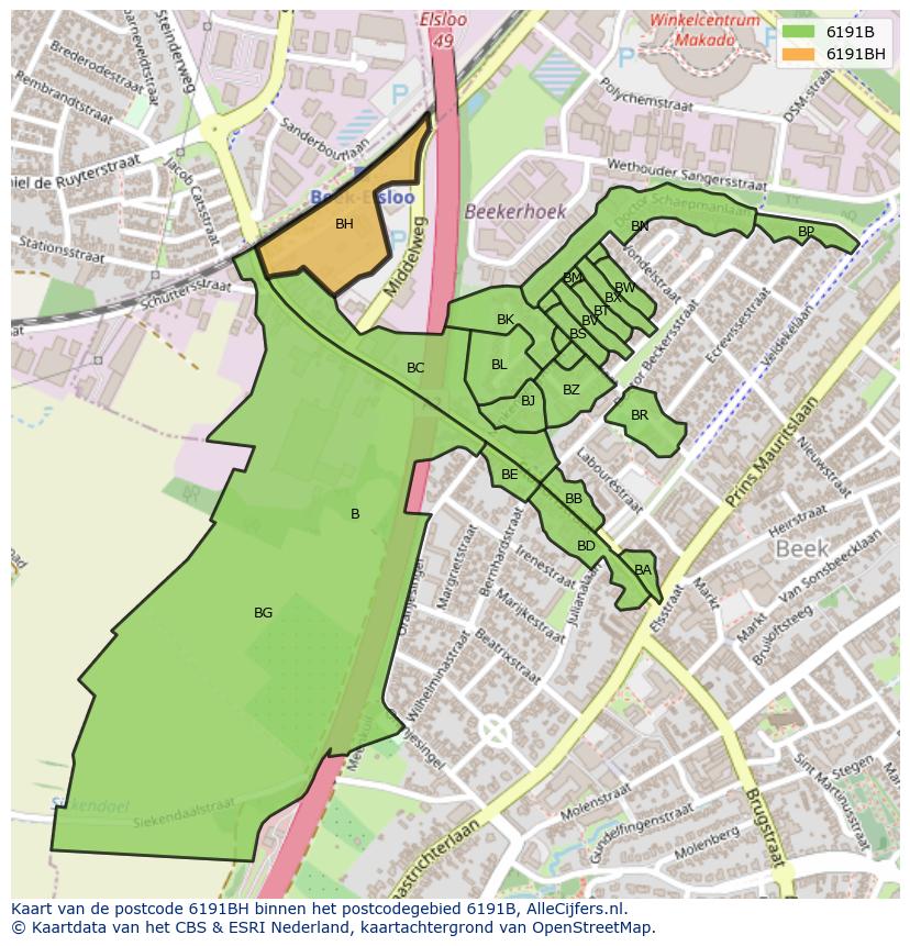 Afbeelding van het postcodegebied 6191 BH op de kaart.