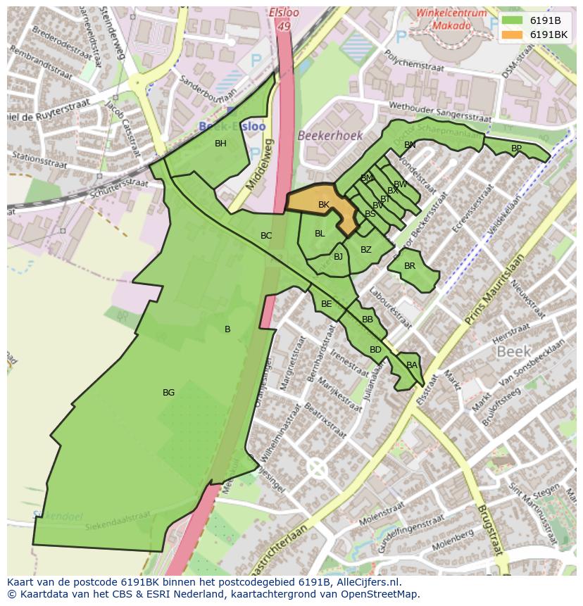 Afbeelding van het postcodegebied 6191 BK op de kaart.