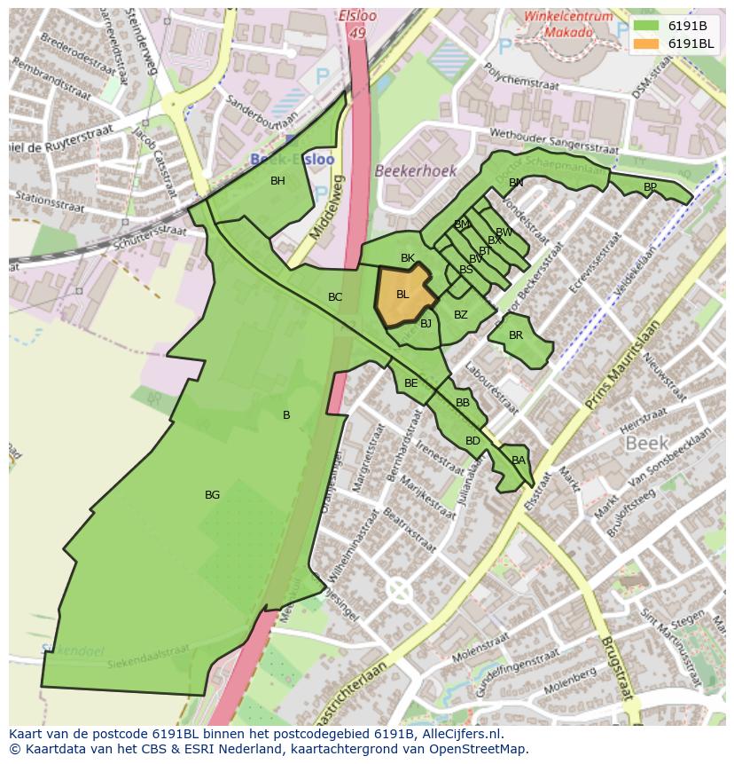 Afbeelding van het postcodegebied 6191 BL op de kaart.