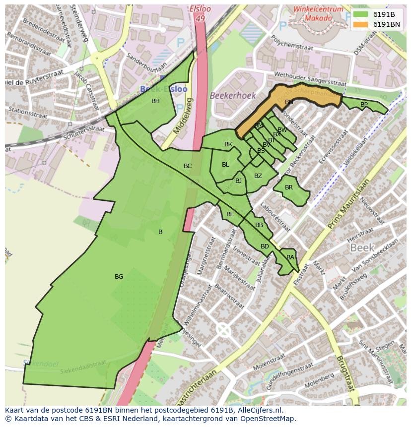 Afbeelding van het postcodegebied 6191 BN op de kaart.