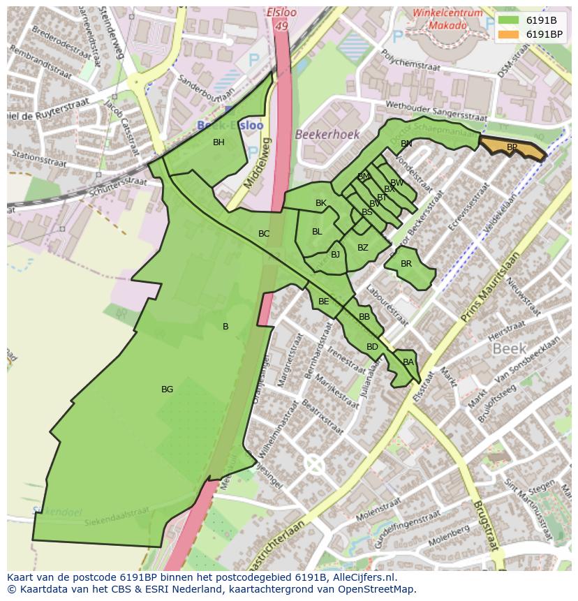Afbeelding van het postcodegebied 6191 BP op de kaart.