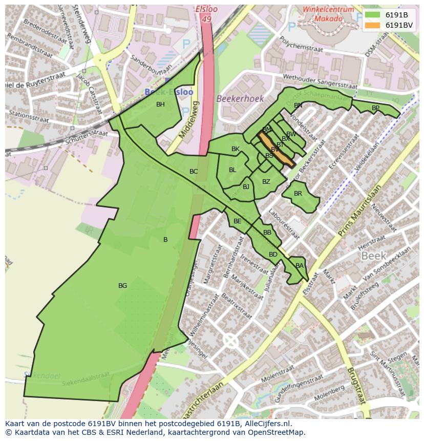 Afbeelding van het postcodegebied 6191 BV op de kaart.