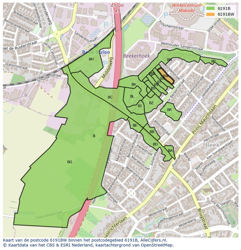 Afbeelding van het postcodegebied 6191 BW op de kaart.