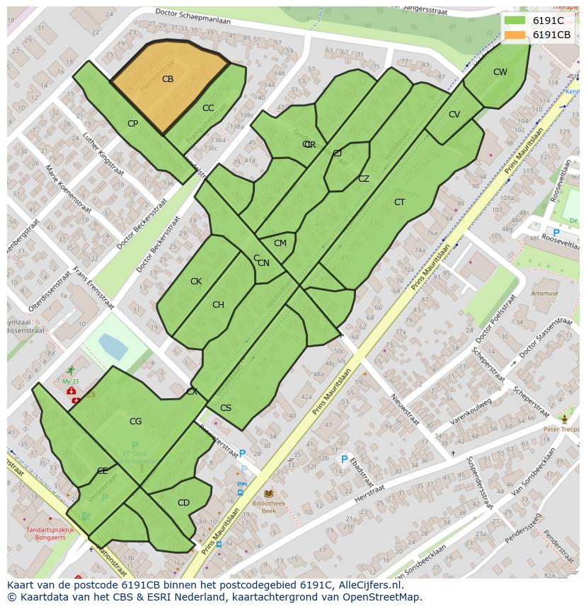 Afbeelding van het postcodegebied 6191 CB op de kaart.