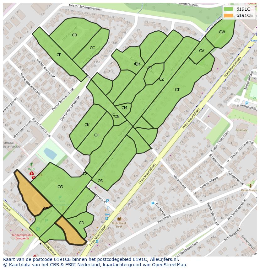 Afbeelding van het postcodegebied 6191 CE op de kaart.