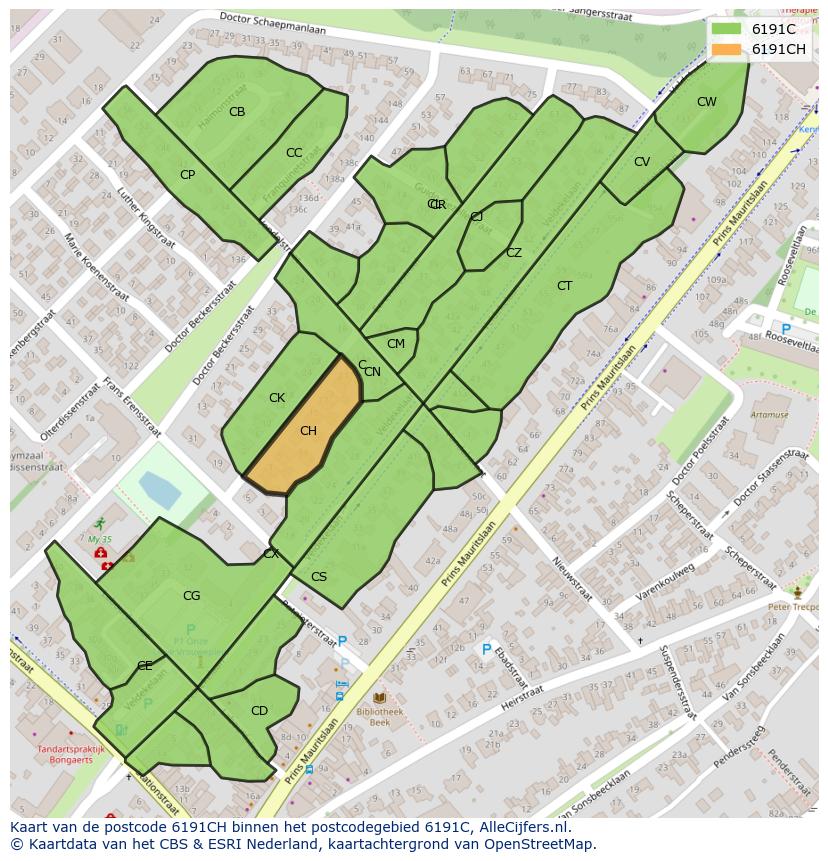Afbeelding van het postcodegebied 6191 CH op de kaart.