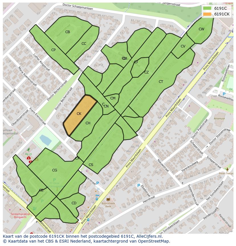 Afbeelding van het postcodegebied 6191 CK op de kaart.
