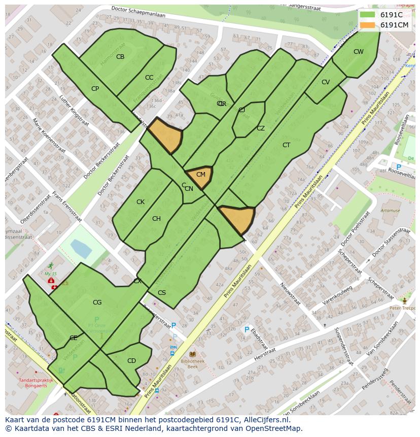 Afbeelding van het postcodegebied 6191 CM op de kaart.