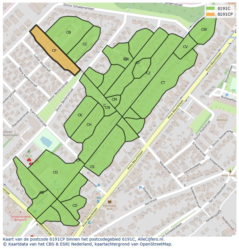 Afbeelding van het postcodegebied 6191 CP op de kaart.