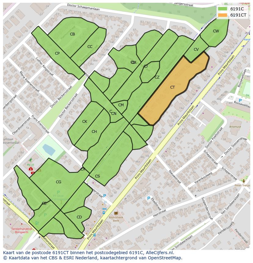 Afbeelding van het postcodegebied 6191 CT op de kaart.