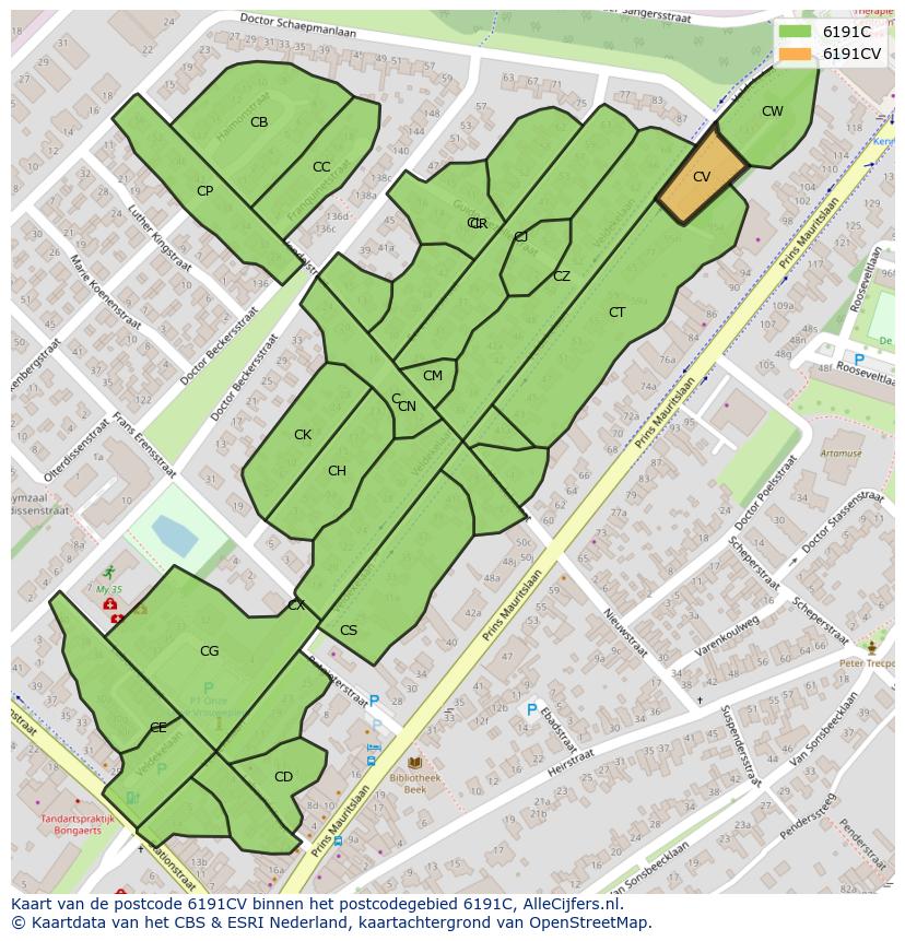 Afbeelding van het postcodegebied 6191 CV op de kaart.