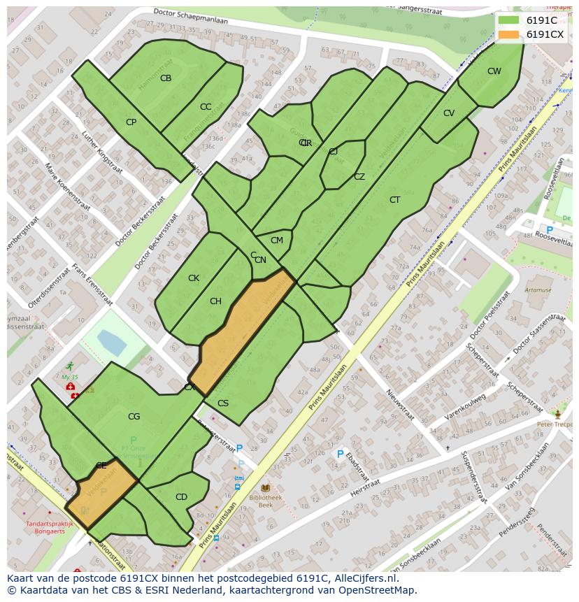 Afbeelding van het postcodegebied 6191 CX op de kaart.