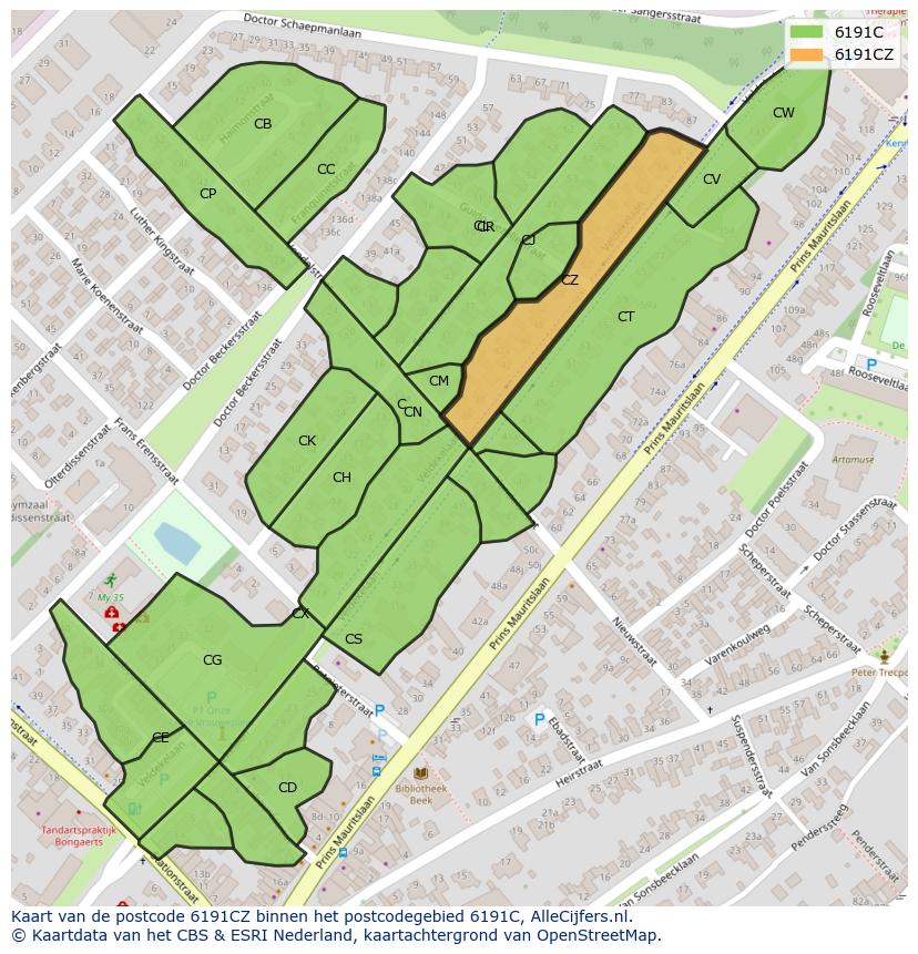 Afbeelding van het postcodegebied 6191 CZ op de kaart.