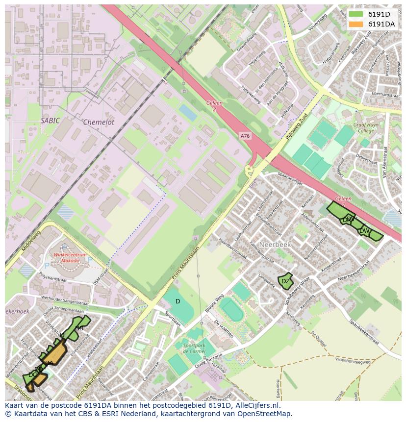 Afbeelding van het postcodegebied 6191 DA op de kaart.