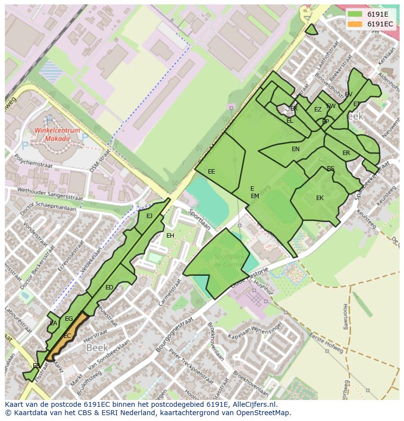 Afbeelding van het postcodegebied 6191 EC op de kaart.