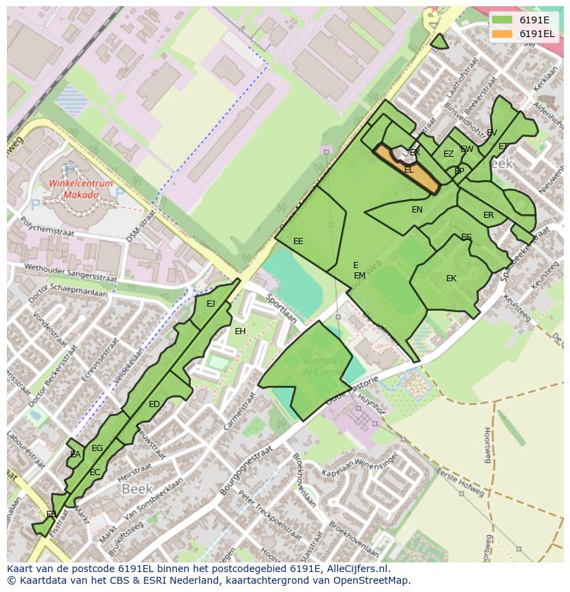 Afbeelding van het postcodegebied 6191 EL op de kaart.