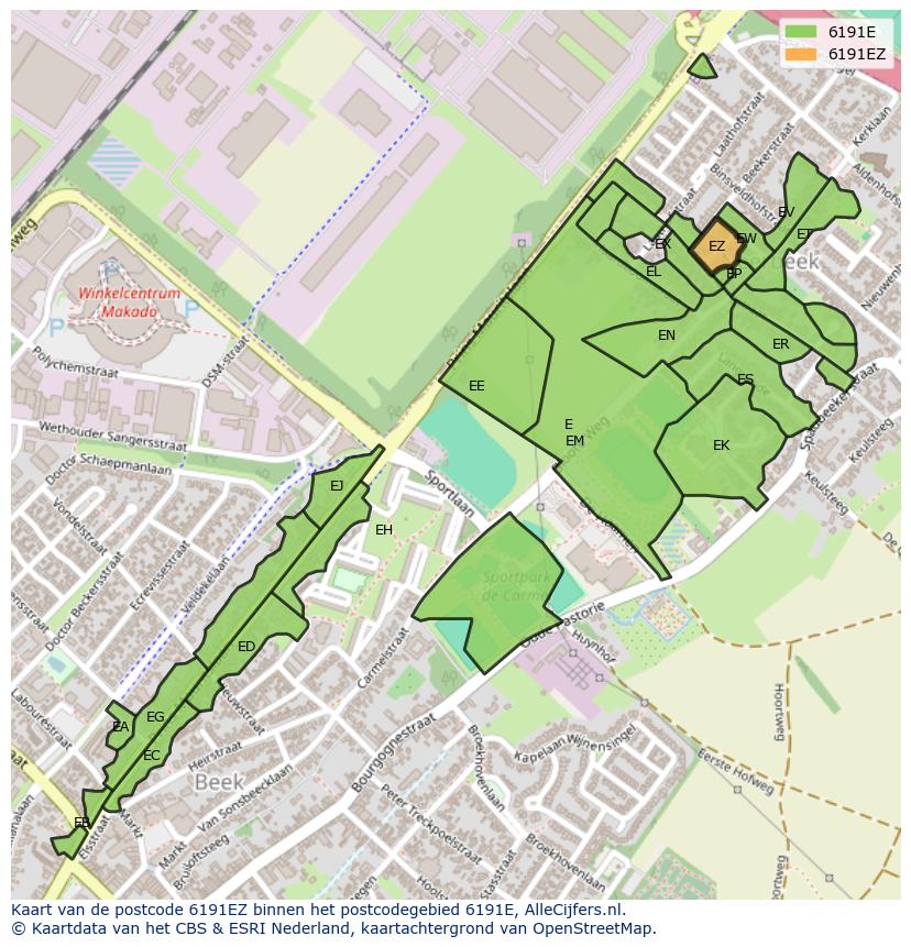 Afbeelding van het postcodegebied 6191 EZ op de kaart.