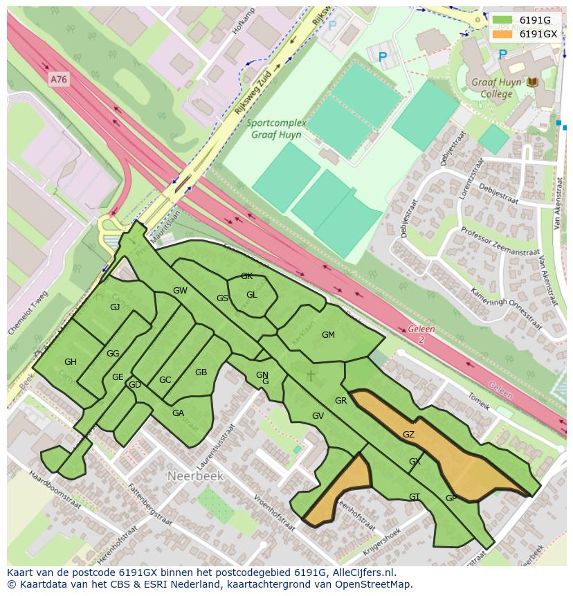 Afbeelding van het postcodegebied 6191 GX op de kaart.