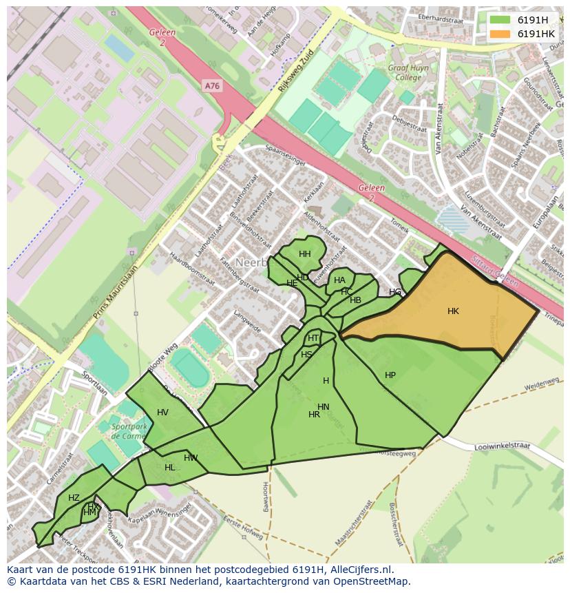 Afbeelding van het postcodegebied 6191 HK op de kaart.