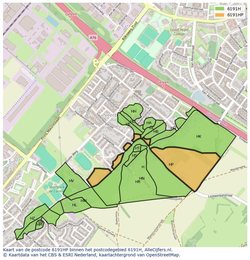 Afbeelding van het postcodegebied 6191 HP op de kaart.