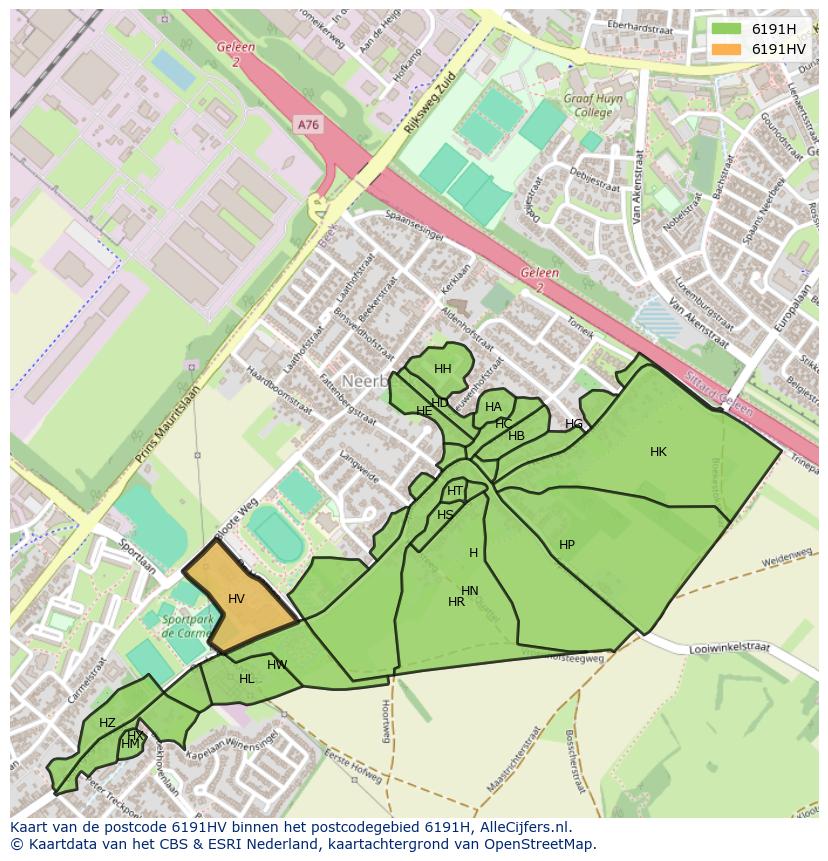 Afbeelding van het postcodegebied 6191 HV op de kaart.