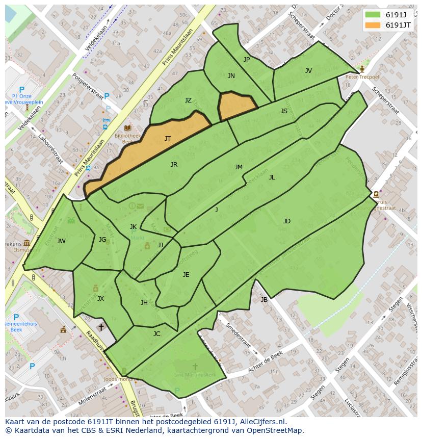 Afbeelding van het postcodegebied 6191 JT op de kaart.