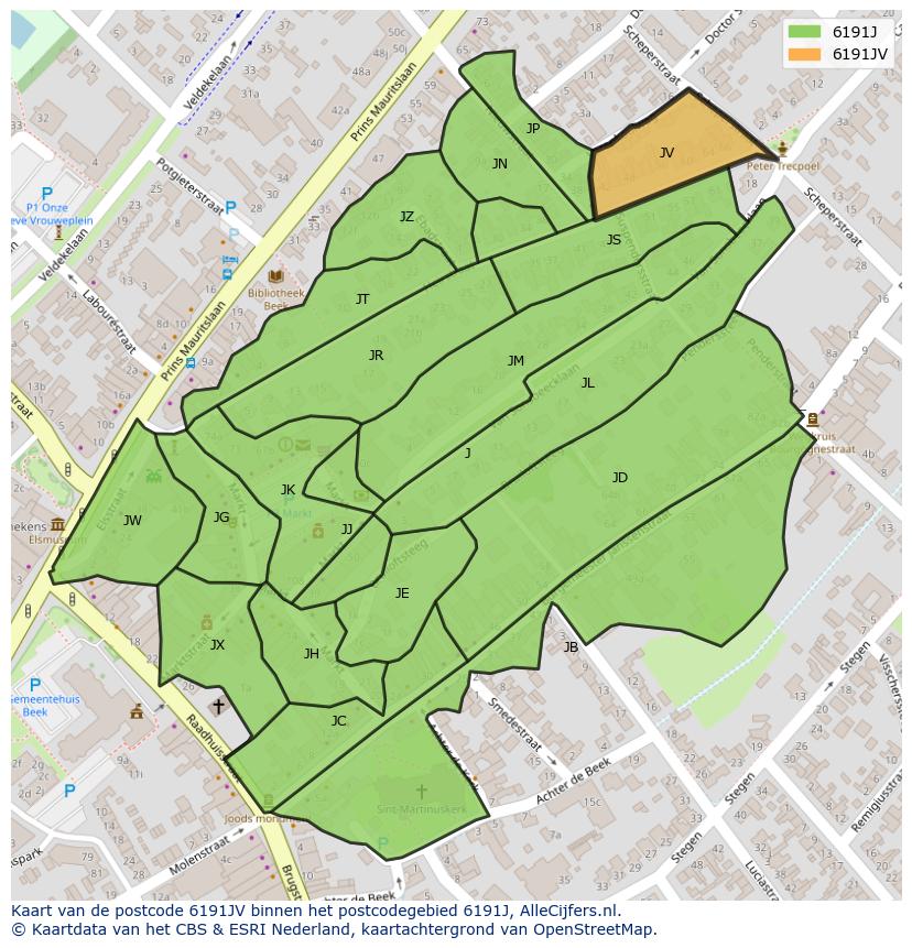 Afbeelding van het postcodegebied 6191 JV op de kaart.